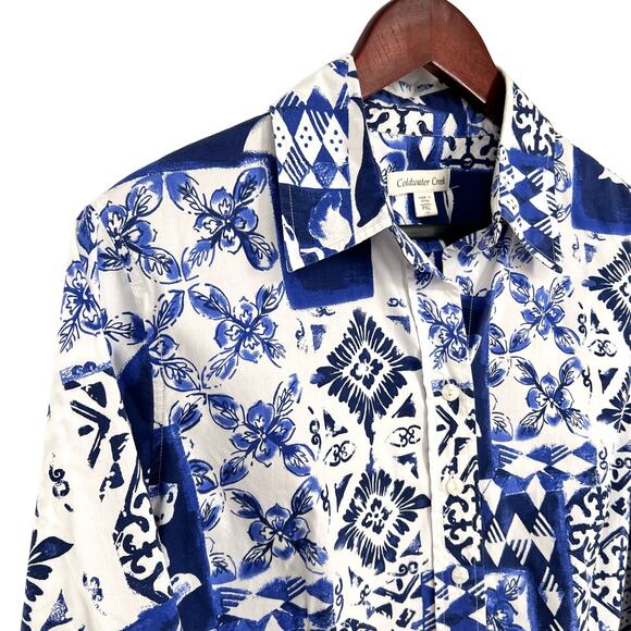 Coldwater Creek PXL Petite XL 18 Blue White Stretchy Blouse Shirt Top Nautical - Picture 3 of 8